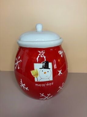 Hallmark Snowman Cookie Jar Red Christmas Canister “Merry Days” Holiday Decor ⛄🎄